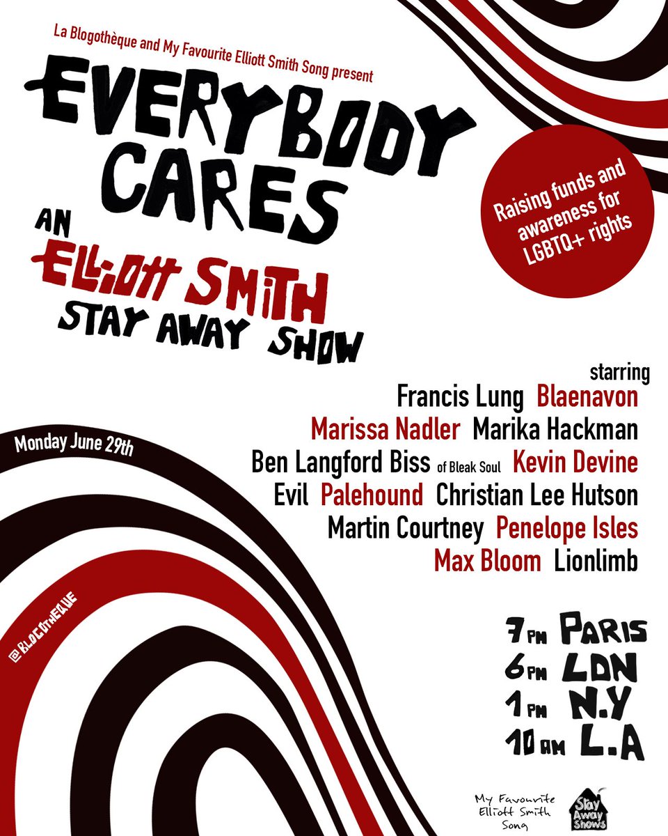 FrancisLung's tweet photo. "Everybody Cares" - an Elliott Smith Stay Away Show I organised with @blogotheque, @MyFavESmithSong and @blaenavon. featuring @MarikaHackman @marissanadler @PenelopeIsles @obeyev1l @martincourtney_ + more, raising money for LGBTQ+ charities - https://t.co/X4chR6jzXt https://t.co/9h0UUwS6ko