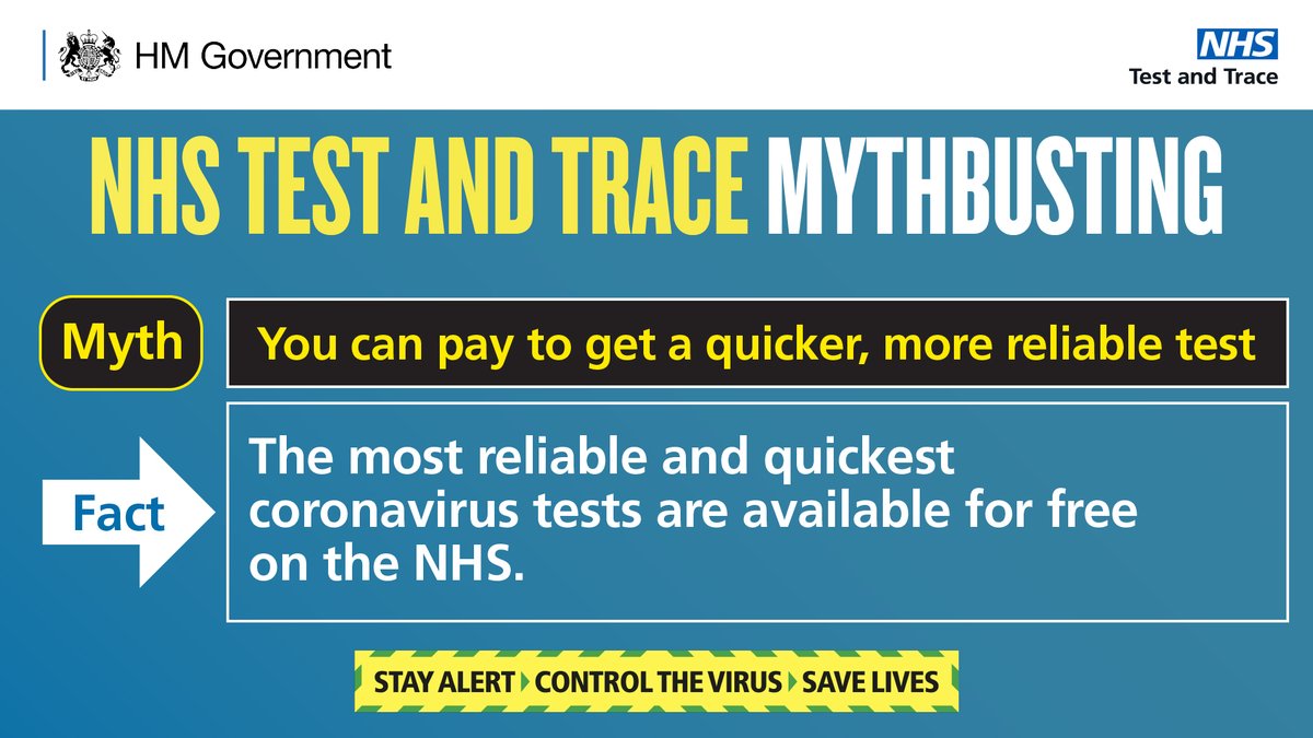 MYTH: You can pay to get a quicker, more reliable testFACT: The most reliable and quickest coronavirus tests are available for free via the NHS. Book yours at  http://nhs.uk/coronavirus  or call 119