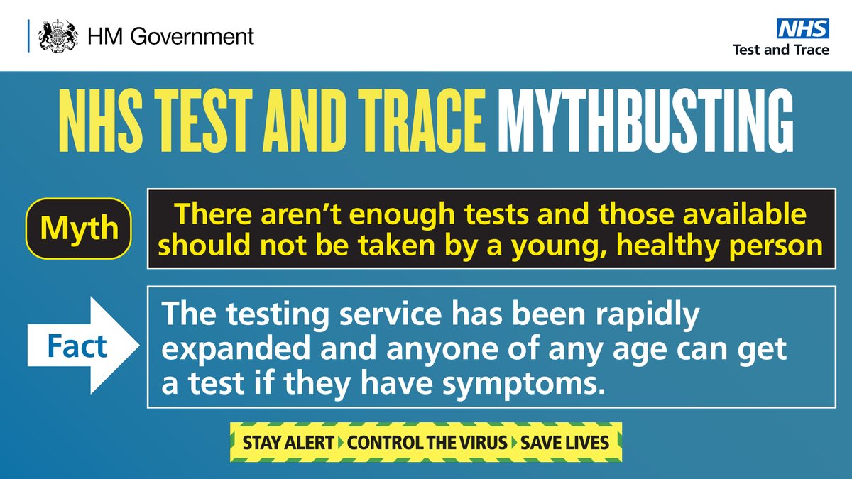 MYTH: There aren’t enough tests and those available should not be taken by a young, healthy personFACT: The testing service has been rapidly expanded so there are plenty of tests. By booking a test, you break the chain of infection and protect others:  http://nhs.uk/coronavirus&nbsp;