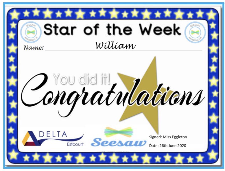 You have done some amazing work this week on Seesaw William! You should be so proud of yourself 😁 👏🏼 <a href="/DeltaEstcourt/">Estcourt Primary Academy</a>