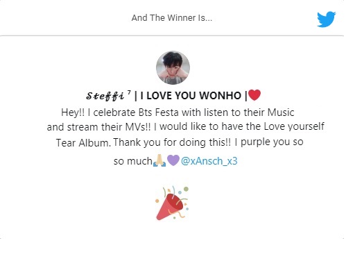 TransKaraoke's tweet photo. TIME IS UP! CONGRATUATIONS TO THE WINNERS of my BTS Festa Special Giveaway. 
The Twitter winner is @wonhos_kookie <3
Picked by the random comment picker. Thank you all for participating. Stay tuned for more awesome content!
#BTS #BtsGiveaway #BTSfesta2020 #7YearsWithBTS https://t.co/T9VJf3g1fE