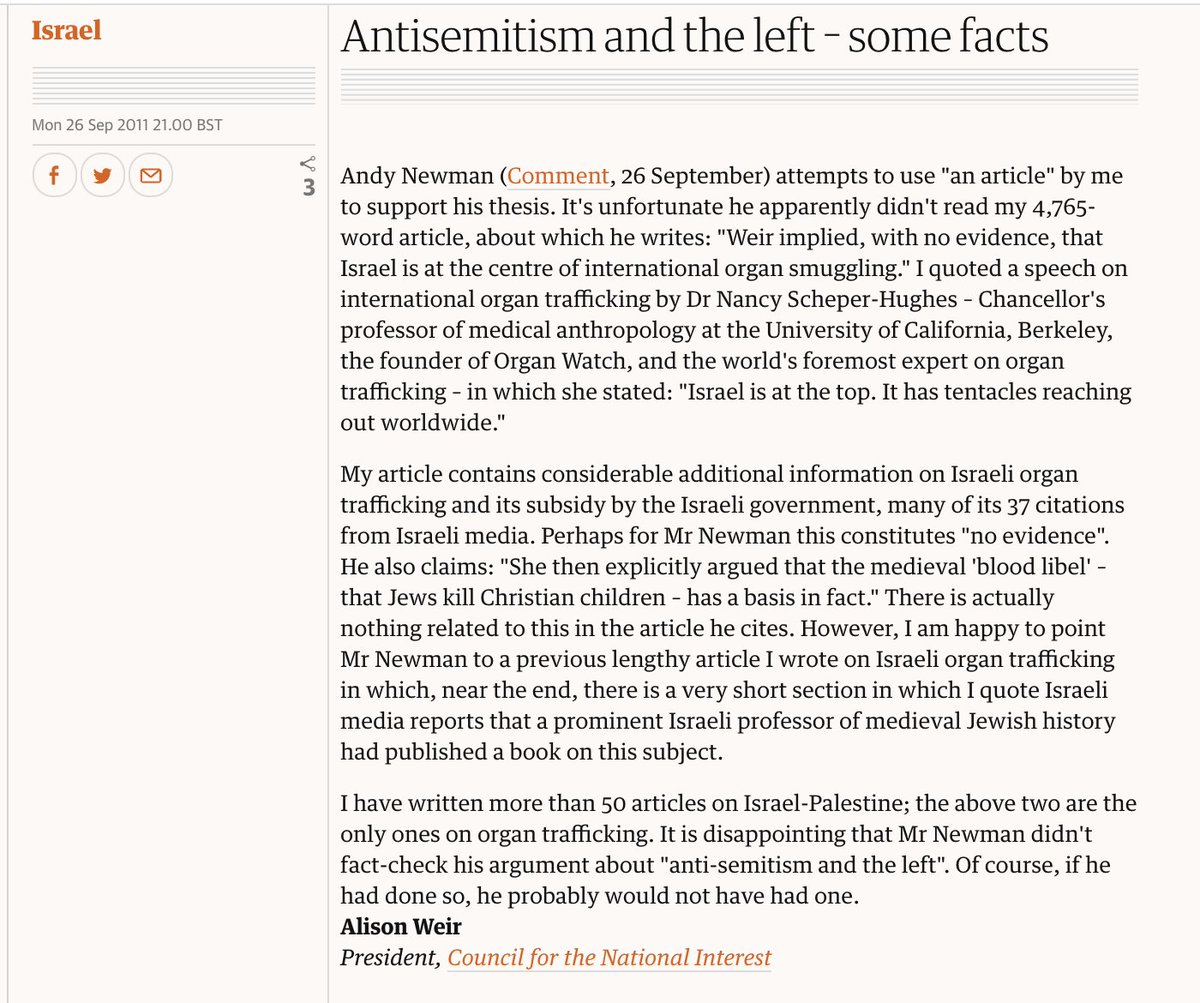 Yet more Blood Libel. In response to Andy Newman's prescient article about Left Antisemitism, the Guardian gave & actively *promoted* right of reply to antisemitic conspiracy theorist, Alison Weir, the letter itself riddled with antisemitic conspiracy theory. /4