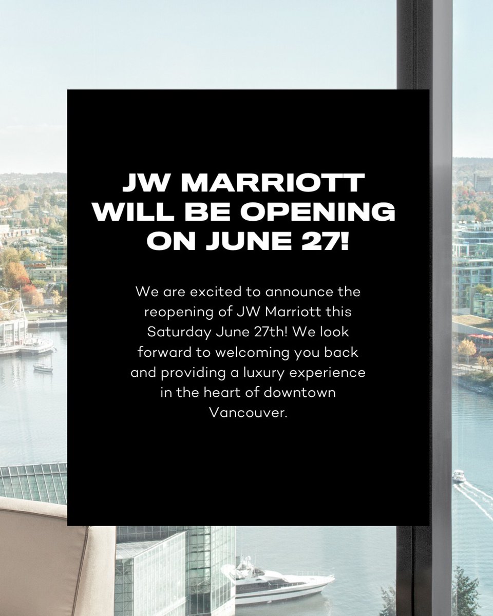 parqvancouverbc's tweet photo. We are excited to announce the reopening of JW Marriott this Saturday June 27th! We look forward to welcoming you back and providing a luxury experience in the heart of downtown Vancouver.⁠⁣⁣ To book one of our Summer Staycation Package visit https://t.co/6DppNK6Dni
 ⁠⁣⁣ https://t.co/mX6rCWBGVI