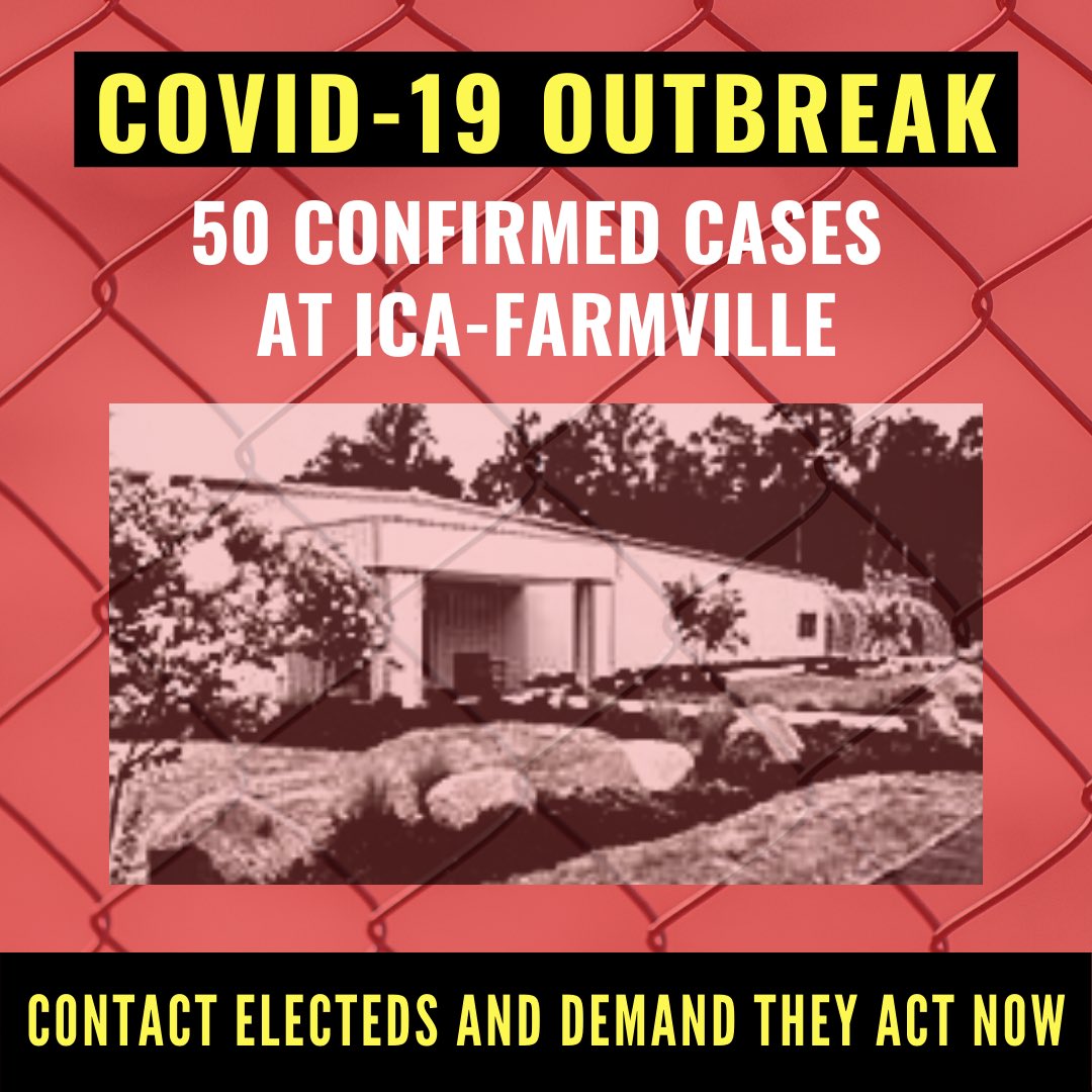 LaColectiVA703's tweet image. 🚨50 ppl have now tested positive for #COVID19 at #ICAFarmville. People detained at ICA have been demanding their release due to growing concerns of an outbreak. ICE and ICA have lied, denied, and brutalized those speaking out. Read our statement here: bit.ly/ftaVA-626