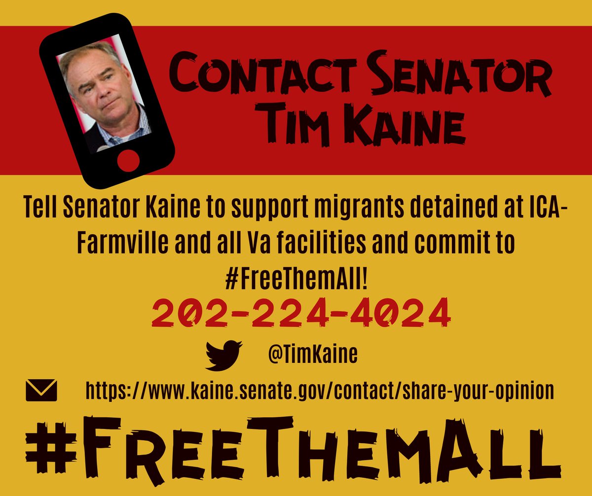 LaColectiVA703's tweet image. Contact Senators @timkaine &amp;amp; @MarkWarner to demand they take action NOW! Tell them to call on @ICEgov and @GovernorVA to release everyone in detention now before it’s too late. Take action here: bit.ly/fta-action-626
#FreeThemAll #DecarcerateVA