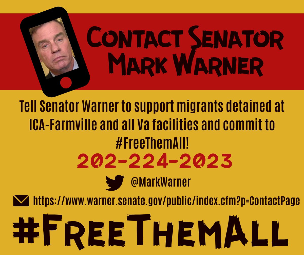 LaColectiVA703's tweet image. Contact Senators @timkaine &amp;amp; @MarkWarner to demand they take action NOW! Tell them to call on @ICEgov and @GovernorVA to release everyone in detention now before it’s too late. Take action here: bit.ly/fta-action-626
#FreeThemAll #DecarcerateVA