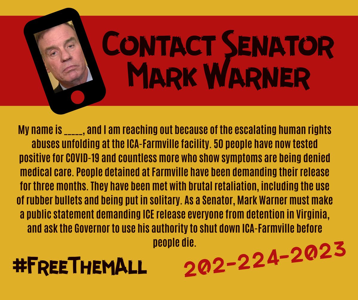 LaColectiVA703's tweet image. Contact Senators @timkaine &amp;amp; @MarkWarner to demand they take action NOW! Tell them to call on @ICEgov and @GovernorVA to release everyone in detention now before it’s too late. Take action here: bit.ly/fta-action-626
#FreeThemAll #DecarcerateVA