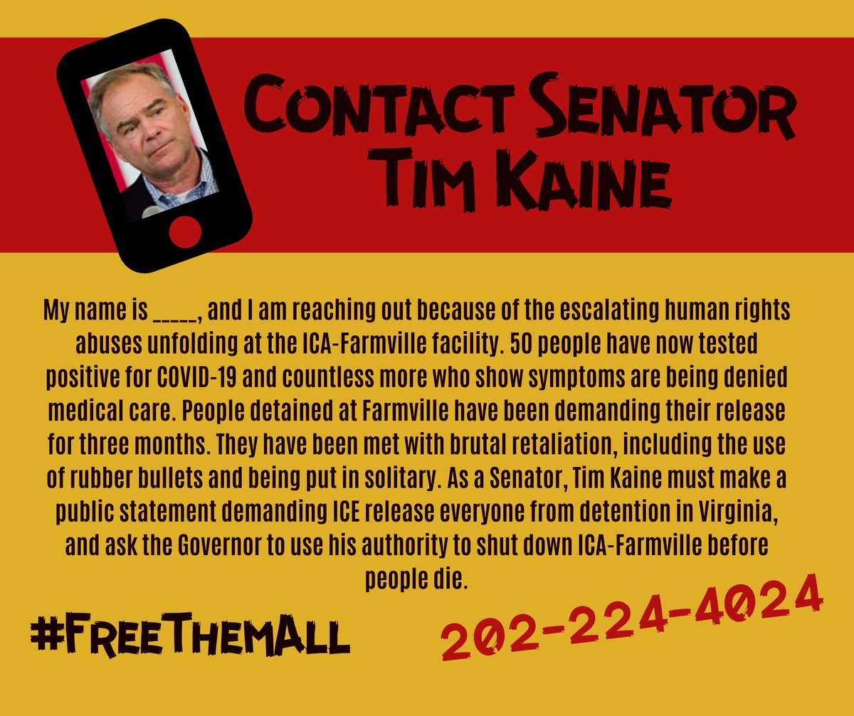 LaColectiVA703's tweet image. Contact Senators @timkaine &amp;amp; @MarkWarner to demand they take action NOW! Tell them to call on @ICEgov and @GovernorVA to release everyone in detention now before it’s too late. Take action here: bit.ly/fta-action-626
#FreeThemAll #DecarcerateVA