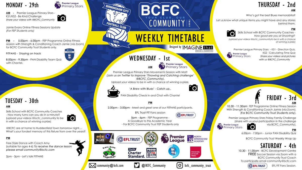 BCFC_Foundation's tweet photo. π€So, it's the start of a new week... wondering what we have in store for you..?
ππ½Look no further! Here's your @BCFC_Community timetable!
ππ½πAs always, lots of fun activities and games for all the family to enjoy. Have a go at anything that tickles your fancy!
#CommuntiyClub https://t.co/syMsBK69ub