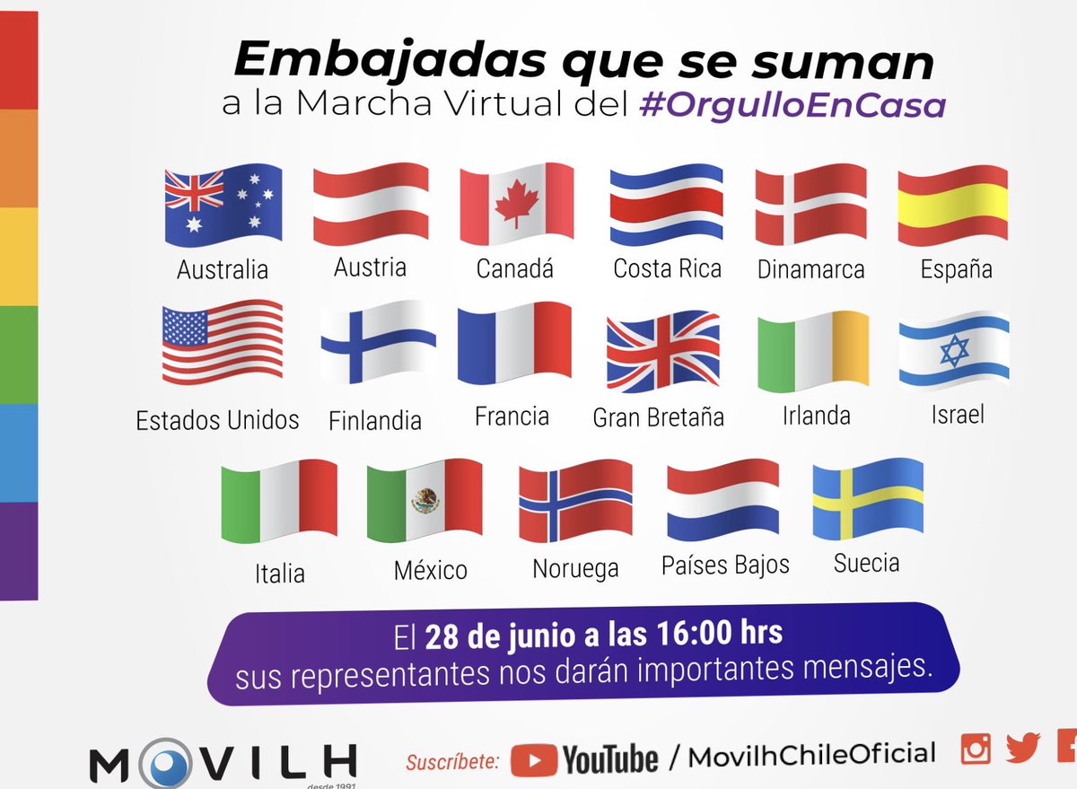 También participamos en la #MarchaVirtual del #OrgulloEnCasa este domingo 28 de junio❣️🌈

Noruega 🇳🇴 
🔹rechaza la discriminación
🔹promueve los derechos #LGBTI 
🔹trabaja por plena igualdad 
🔹celebra la diversidad 

❤️🧡💛💚💙💜
#MesDelOrgullo #LoveIsLove <a href="/Movilh/">Movilh Chile</a>