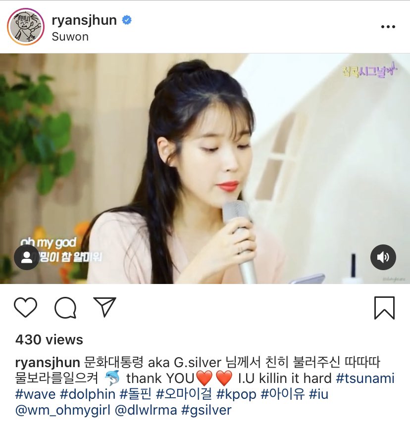 IUteamstarcandy's tweet photo. [TRANS] 200626 The composer of Oh My Girl’s Dolphin IG Update

Post: The President of Culture aka G.Silver-nim personally sang da da da get splashed again🐬 thank YOU ❤️❤️ IU killin it hard

Comment: Huongg😂❤️ Thanks G-Silver-nim

*IU named her rapper self as G (Ji) Silver (Eun) https://t.co/nE8IVRdgDf