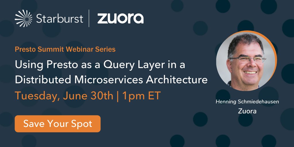 starburstdata's tweet photo. On Tuesday (6/30), @Zuora will join us to discuss how they use #Presto to provide direct to access production data across many services, and enable complex data queries across live data. Save your spot here: https://t.co/OSeyox2LUk

#PrestoSummit #Analytics #BigData #Presto https://t.co/EKVOCPzsqv