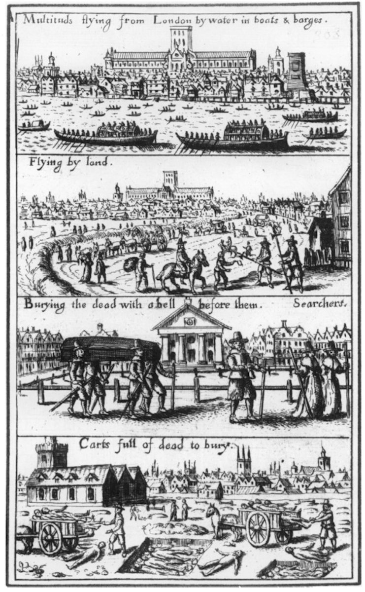 Although they remain virtually invisible to us, women searchers would have been a familiar sight to contemporaries. Their image can be found in the 3rd frame of this anonymous 1665 broadsheet which depicts four scenes from an outbreak of plague  #EMQuon 12/15