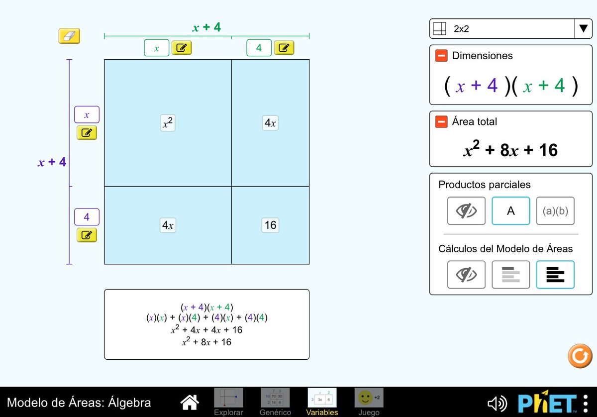 DianaBLopezT's tweet photo. @PhETsims #AprendeMate tiene 4 series de simulaciones para el #ModeloDeAreas. Aprende sobre la relación de la multiplicación en el área, y en #algebra a multiplicar polinomios, productos notables y factorizar. Revisa sus videos guías para docentes!
https://t.co/DuPuuBvHqp https://t.co/wuAWHSGNTD