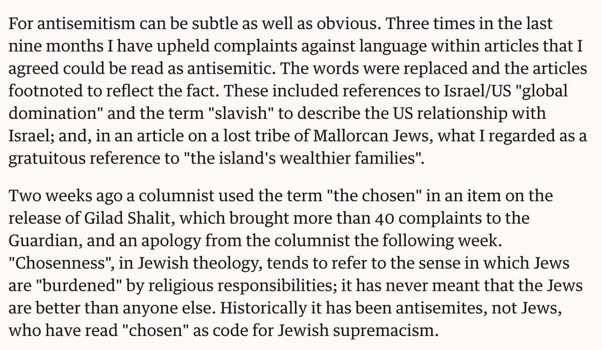 Or the various Guardian commentators portraying Jews as innately hateful, having "slavish" control over the US or considering themselves as "chosen". So much so, its Reader's Editor Chris Elliott had to issue a statement. /7  https://www.theguardian.com/commentisfree/2011/nov/06/averting-accusations-of-antisemitism-guardian