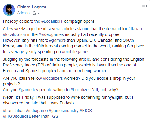 ChiaraLoQAce1's tweet photo. I hereby declare the #LocalizeIT campaign open!
To #localize or not to localize in #Italian?
Italy is the 10th largest #gaming market and ranks 6th for money spent in #mobilegames
Read the forecasts for 2020 here:
https://t.co/EetYCIHOan
#localization #videogames #IndieGameDev https://t.co/TAu1Cs4ehF
