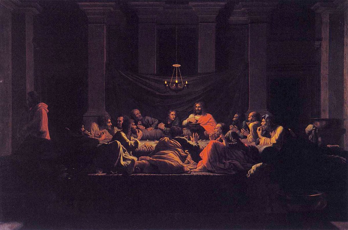 Amongst French painters are Nicolas Poussin & his famed Sacrament series (1644-8) including the Sacrament of the Eucharist. Watteau (c1718-9) Fêtes Vénitiennes & Chardin (c1750s) Vase of Flowers . The latter is one of Chardin’s most beautiful still lives