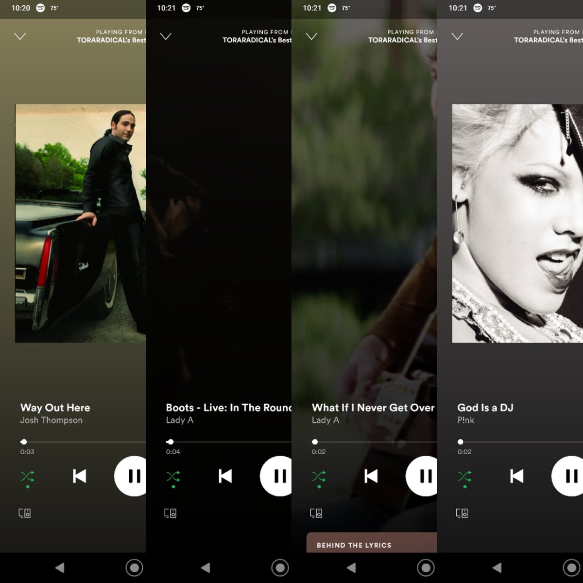 DJSangsta's tweet photo. Today's #First4Songs: #WayOutHere by #JoshThompson, #Boots by #LadyA, #WhatIfINeverGetOverYou by Lady A, #GodIsADJ by #Pink.
#music #DJSangsta #musicislife #Spotify #musicismyescape #oooShiny https://t.co/ZqzRCwMicw