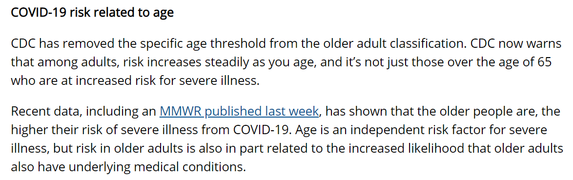 . @CDCgov has now "removed the specific age threshold" of 65. "CDC now warns that among adults, risk increases steadily as you age, and it's not just those over the age of 65 who are at increased risk for severe illness" from Covid-19 infection.1/ https://www.cdc.gov/media/releases/2020/p0625-update-expands-covid-19.html