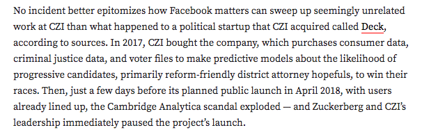 We've got a bunch of scoops in this piece about how Facebook affects the Chan Zuckerberg Initiative. Will share a couple.For starters, the Cambridge Analytica scandal ended up temporarily killing a political data startup that CZI acquired called Deck. https://www.vox.com/recode/2020/6/26/21303664/mark-zuckerberg-facebook-chan-zuckerberg-initiative-philanthropy-tension