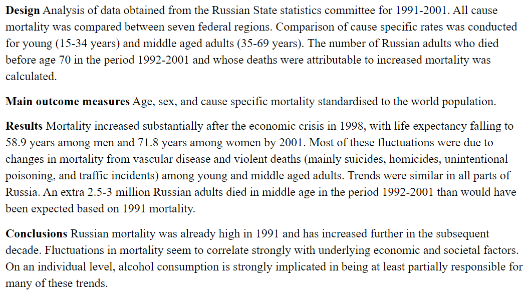 btw to add some data to this, see this piece:  https://www.ncbi.nlm.nih.gov/pmc/articles/PMC259165/. up to 3 million additional deaths in the decade after the fall of the soviet union. that's staggering