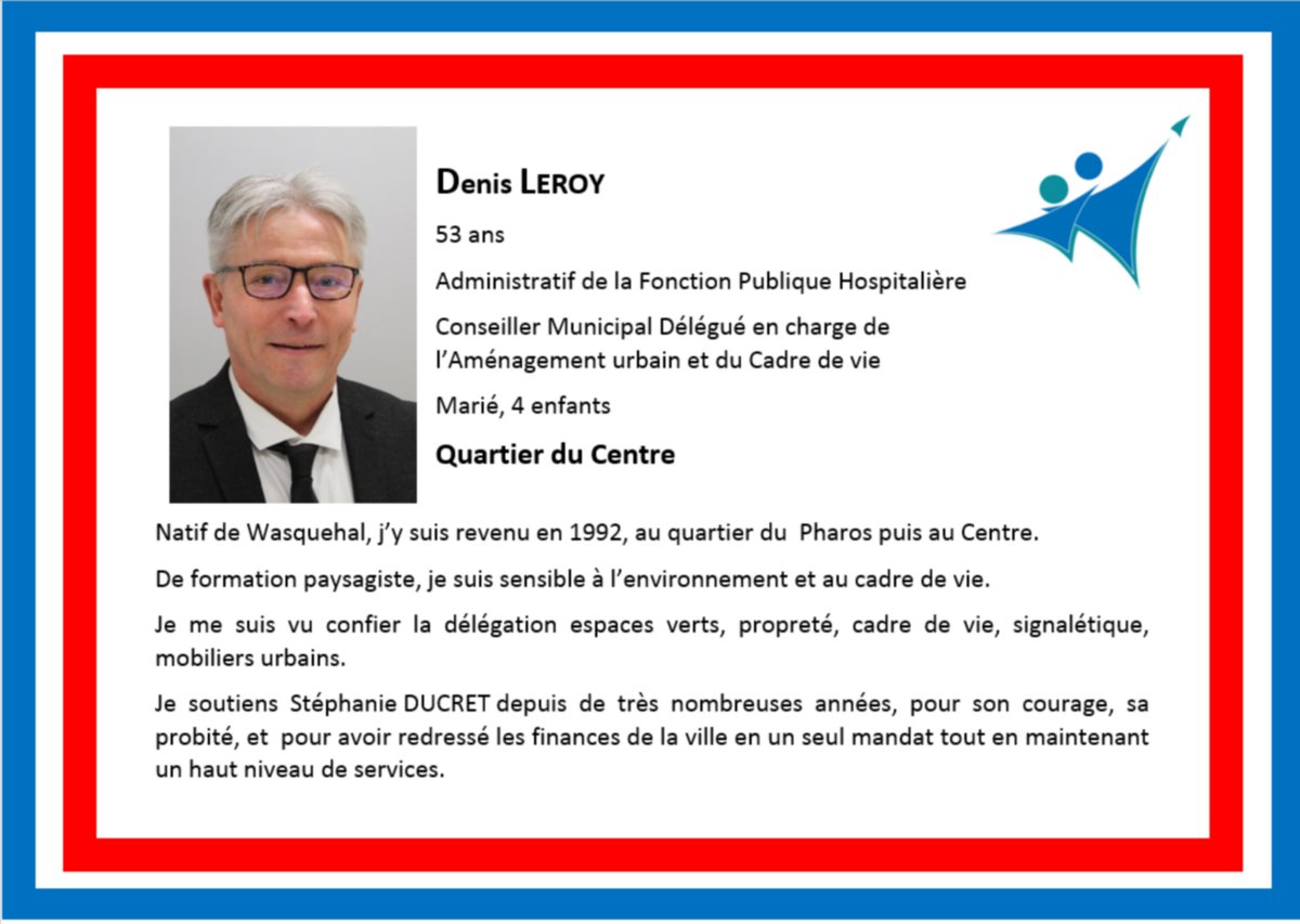 s_ducret's tweet photo. Je suis fière de l’équipe qui m’entoure. Des colistiers qui incarnent le sérieux et l’expérience. Qui connaissent #Wasquehal et qui l’aiment. 
Je vous présente Denis LEROY
Dimanche votez et faites voter Wasquehal pour tous avec Stéphanie Ducret @WaskalpourTous https://t.co/lekAHXY8Td