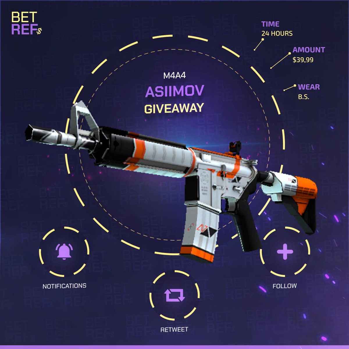 $40 GIVEAWAY! 🔥

M4A4 Asiimov

✅ Retweet
✅ Follow
✅ More giveaways on betrefs.com
✅ Tag a Friend

24-HOURS, GO!