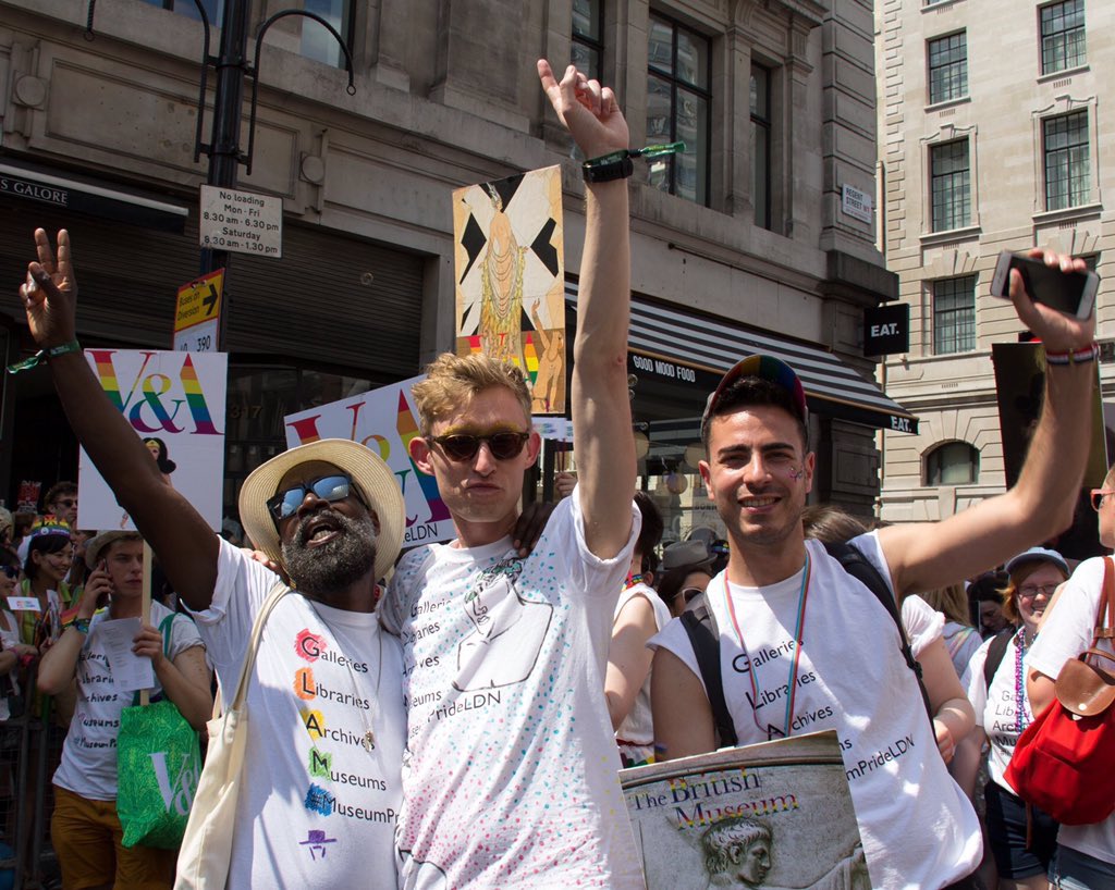 MuseumPrideLDN's tweet photo. A pride memory for #QBLockdownHunt it was both heartwarming and hilarious to march @PrideInLondon and hear people shouting "we love history!" we definitely went into heritage for the rockstar lifestyle 🤣🤟🏽@BritishMuseum @Queer_Britain
✨🏳️‍🌈🏛✨ #Pride2020 #YouMeUsWe https://t.co/XNxw8VFfjz