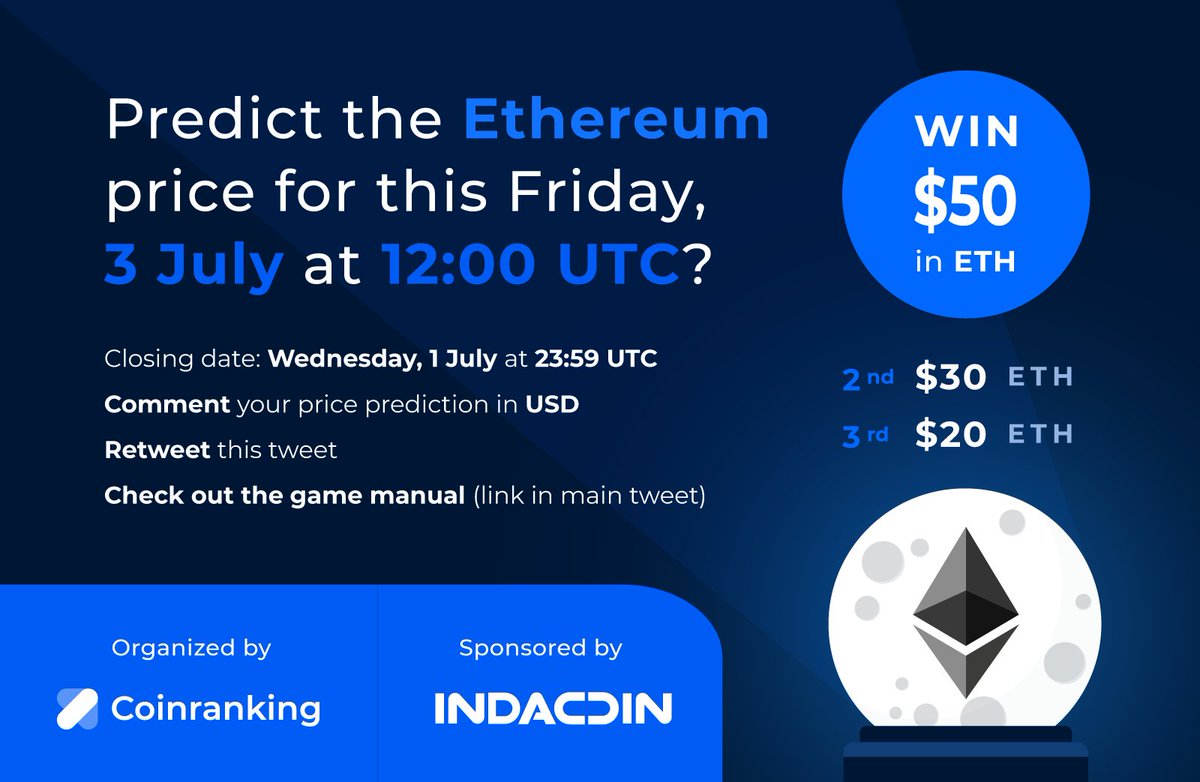 coinranking's tweet photo. Predict and win $50 (1st prize) $30 (2nd) or $20 (3rd) in $Ethereum 🔮 Check out our #gamemanual: https://t.co/6JwuXIjEQf 
#week139 is sponsored by @Indacoin 💰 Buy, sell and store crypto easily: https://t.co/HjOykHLzYb

#PredictionContest since 2017.
#CRpredicts #Ethereum https://t.co/43yrk18XLt