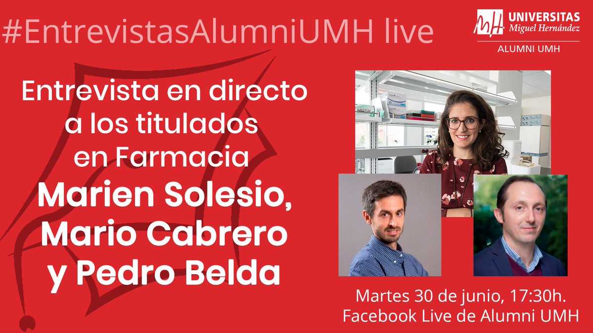 AlumniUMH's tweet photo. Segunda entrega de #EntrevistasAlumniUMH live con  tres titulados @UniversidadMH  muy interesantes: Marien Solesio, Mario Cabrero y @Pedro_Belda (@FarmaciaUMH) quienes desarrollan carrera investigadora en EEUU: @RutgersU y @UCSanDiego. 
30/06, 17:30. https://t.co/Kfx8qo8nG1 https://t.co/bMeHqjbh8a