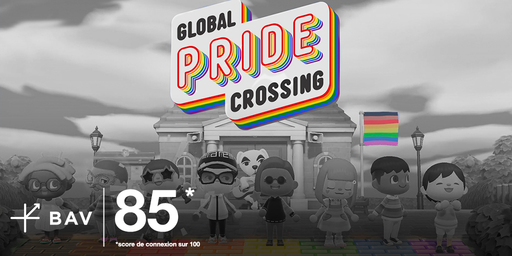 BavFrance's tweet photo. En célébrant la pride sur #AnimalCrossingNewHorizions, @NintendoFrance se connecte à l’époque et confirme son score de connexion à 85 #ConnectedBrand #BAVConnected https://t.co/pFIdFVdakl