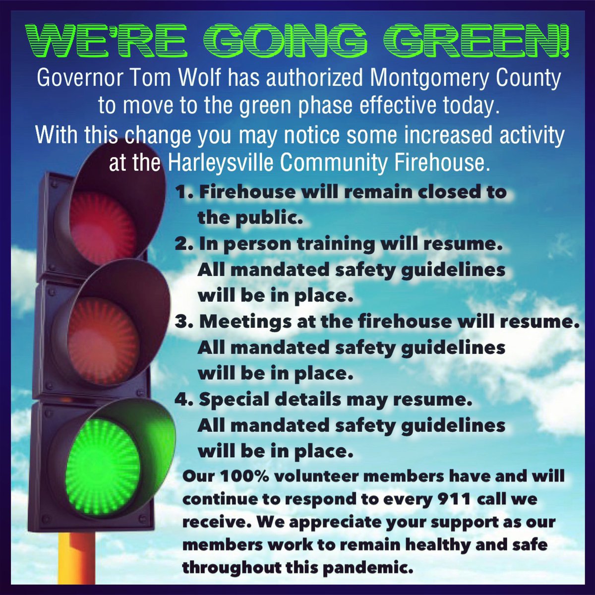 WE’RE GOING GREEN!
You may see increased activity at Station 89. Rest assured all mandated health and safety procedures are in place as we continue to respond to all your calls with a full crew. 
TOGETHER as a COMMUNITY we will get through this. 
#GoingGreen #Covid19 #Volunteer