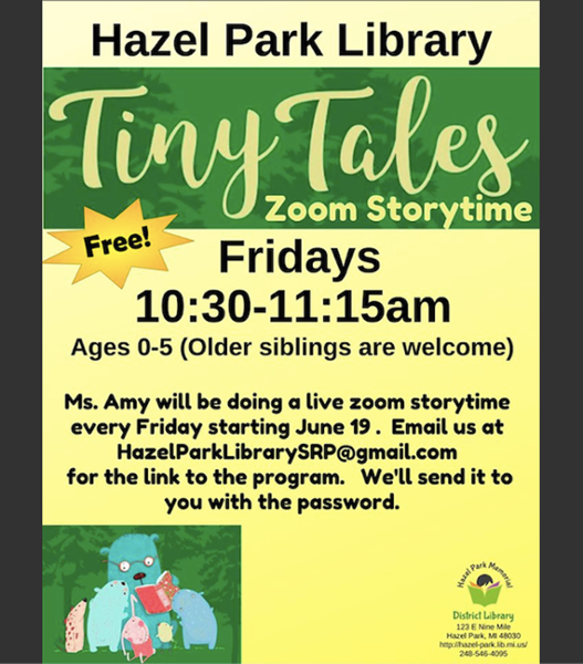 HP_Schools's tweet photo. Zoom Tiny Tales is today at 10:30am. We would love to have you join us. Send us an email at HazelparklibrarySRP@gmail.com and I will send you the link and password to get on.
#HPDL #choosekindness #DoingMiPart #WashYourHands #DeterminedToLearn #focusingonthefuture #ReadingisFun https://t.co/JTUtiZ7sQd