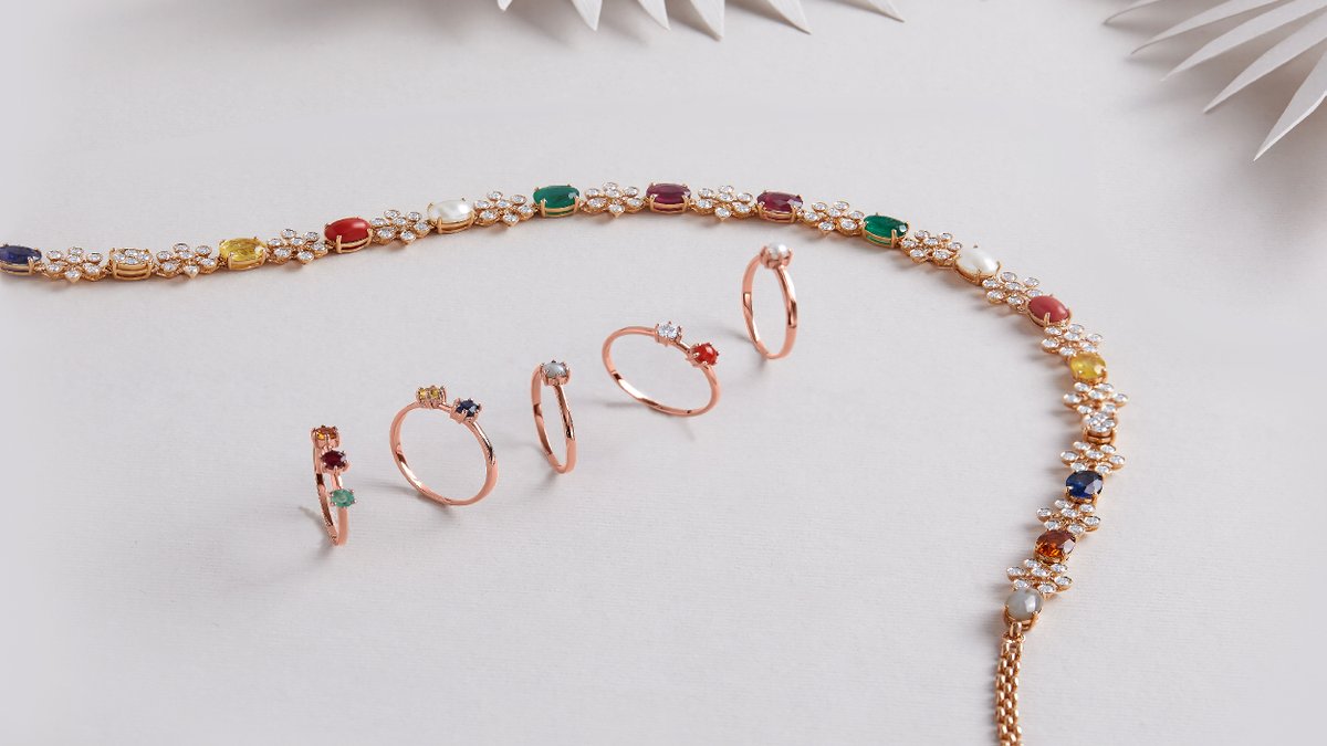 SunnyDiamond_4c's tweet photo. Navaratna - 9 gems that harness good energy. Re-imagined in our trendsetting collection ‘Navaara’ with rose gold stackable rings. 
Shop now: https://t.co/hM028gzqz6 
#SunnyDiamonds #CertifiedDiamondJewellery #GemstoneJewellery #InternallyFlawless #conflictfreediamonds https://t.co/EmTClbmOEc