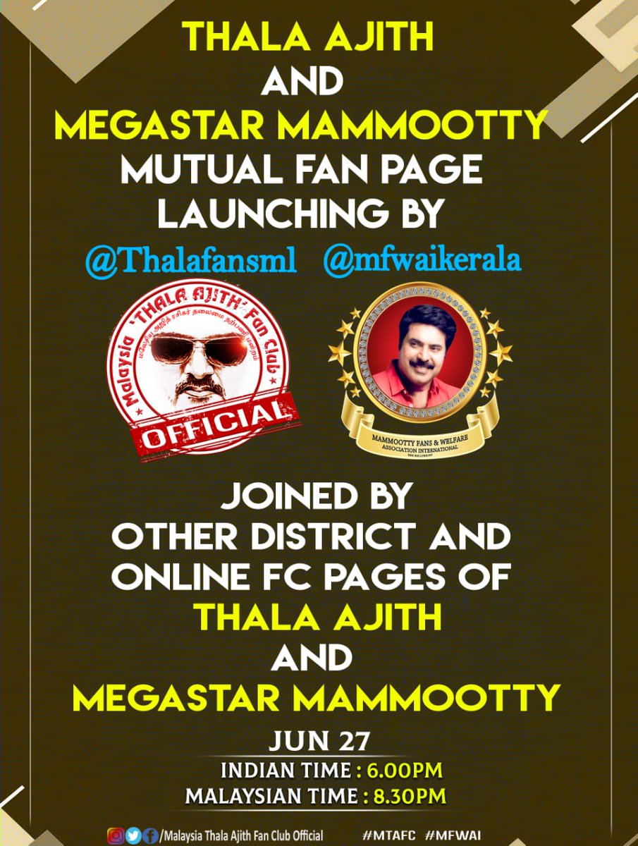 MASSAJITH's tweet photo. Dear AJITHIANS 🎉 

Thala Ajith and Megastar Mammootty Mutual Fan Page Launching On Tomorrow at 6PM Through @thalafansml and @mfwaikerala

Stay tuned to all #ThalaAjith and @Mammukka Fan Pages.

#Valimai || #Bilal https://t.co/QVlE6M9LOc