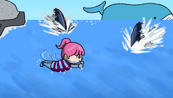 swimming 1girl pink hair shark ponytail chibi swimsuit  illustration images