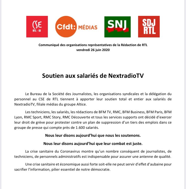 En soutien à nos consœurs et confrères de #NextRadioTV, les organisations représentatives de la Rédaction de RTL publient ce communiqué. <a href="/UesNext/">Intersyndicale UES RMC BFM</a>