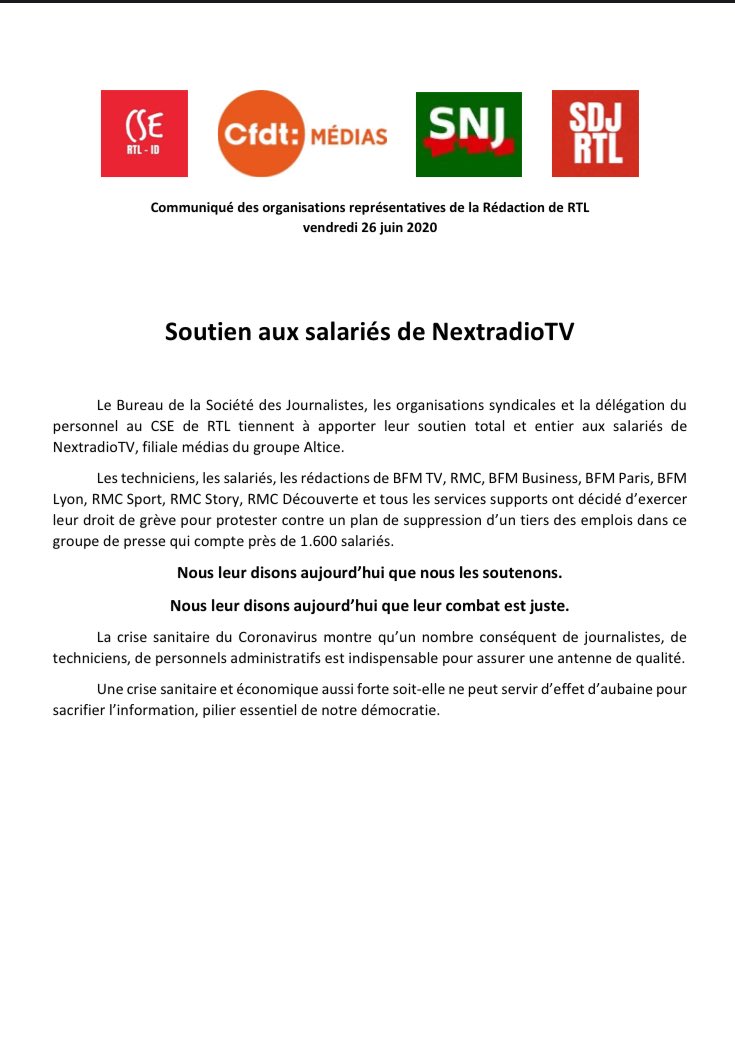 <a href="/SDJRTL/">SDJ | RTL</a> et les organisations syndicales <a href="/CfdtRtl/">CFDT RTL</a> <a href="/SNJ_national/">SNJ - premier syndicat de journalistes</a> <a href="/RTLFrance/">RTL France</a> apportent leur soutien total aux salariés #NextRadioTV journalistes, techniciens et administratifs actuellement en grève. 

L’information, indispensable à la vie démocratique, ne peut être sacrifiée.