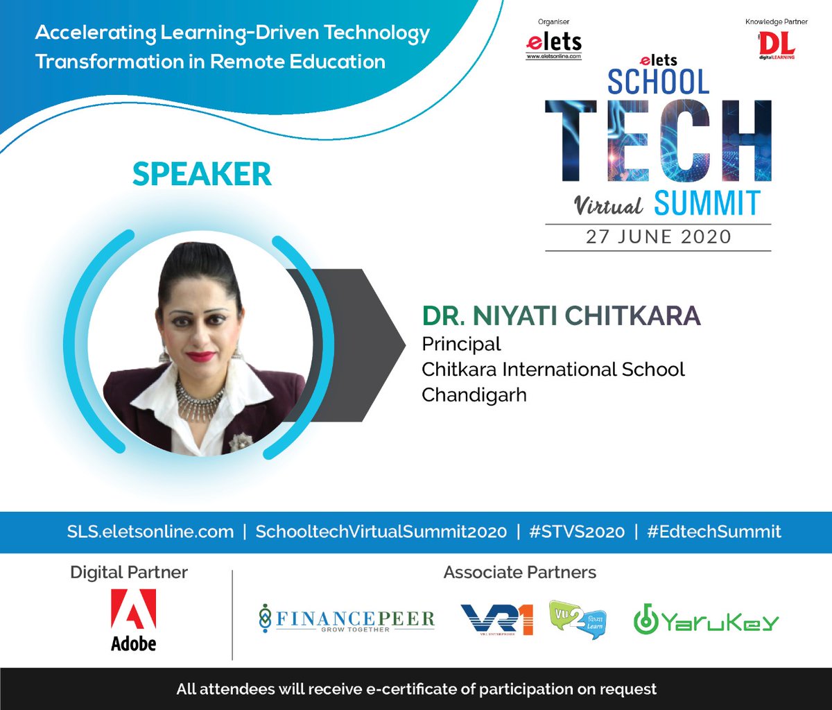 dl_magazine's tweet photo. .@eletsonline is ecstatic to have Dr. NIYATI CHITKARA, Principal, @chitkara_school as an Eminent Speaker at the School Tech Virtual Summit, which will be held on 27 June, 2020.
Register Now: https://t.co/AvR97wbTLN
#SchoolTechVirtualSummit2020 #STVS2020 https://t.co/HfPvTUU0cZ