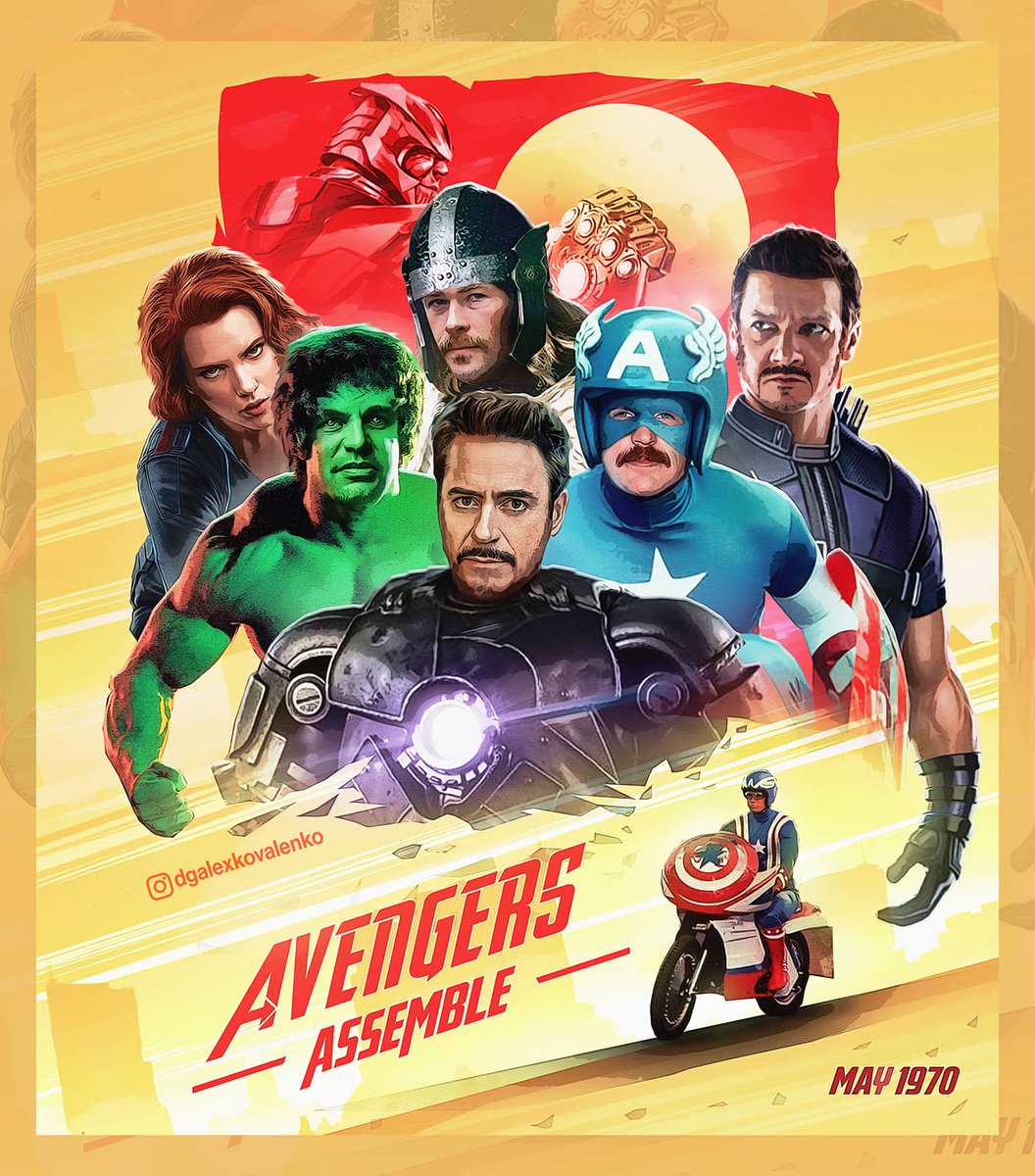 DGALEXKOVALENKO's tweet photo. Retro Avengers 1970. ๐
โ
My Edit : @dgalexkovalenko .
Follow for more.
โ
Made in @photoshop .
#whatif #disneyplus #ironman #endgam #captainamerica #thor #avengers #loki #hulk #brucebanner #drstrange #thanos #posterreposter #chrishemsworth #steverogers #chrisevans https://t.co/VPTBGlVrcH