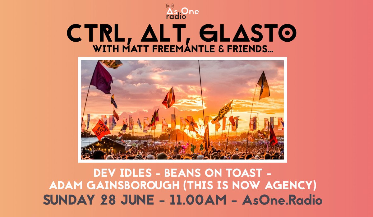 I'm back on <a href="/AsOneRadioUK/">As One Radio</a> this Sunday for our final day of broadcasting with some v. special guests, talking all things #Glastonbury 

Dev <a href="/idlesband/">I D L E S</a> 
<a href="/beanstoast/">Beans on Toast</a> 
Adam <a href="/TINAgency/">This Is Now Agency</a> 

Tune in from 11 this Sunday - we're also raising money for @TrussellTrust if you can spare a few £