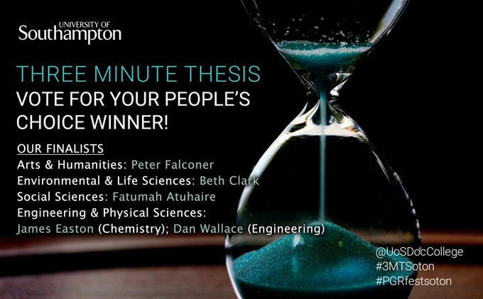UoSDocCollege's tweet photo. 📢Voting closes at midnight for the 3MT People's Choice winner - Don't forget! 👉https://t.co/MNlcnHyMk1
All staff & students @unisouthampton can vote (uni login required). #3MTSoton #PGRSoton
Then join us 30 June, 16:00 to find out who won!: https://t.co/iJh7Bneq71 🥳 https://t.co/5PWauCyJ5p