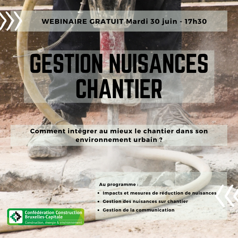 embuildbrussels's tweet photo. WEBINAIRE Gratuit 30/06 - 17h30: Gestion nuisances chantier. Infos&amp;Inscription ▶️https://t.co/jgmo0IjX3R
Contactez votre conseiller environnement pour plus d’information : Quentin MAILLARD - +32 2 545 58 32 – qmd@cnc.be https://t.co/FZiCREENfc