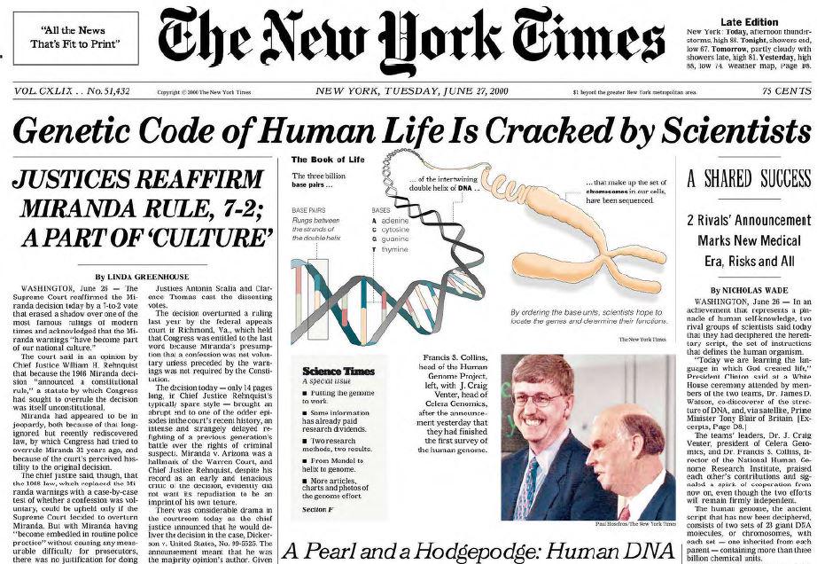 EricTopol's tweet photo. June 26, 2000
20 year anniversary of this milestone in life science.
Some will argue the impact has not matched the proclamations at the time; others recognize transformation for rare/unknown diseases, cancer, and non-invasive prenatal testing https://t.co/GE11tx0PRY