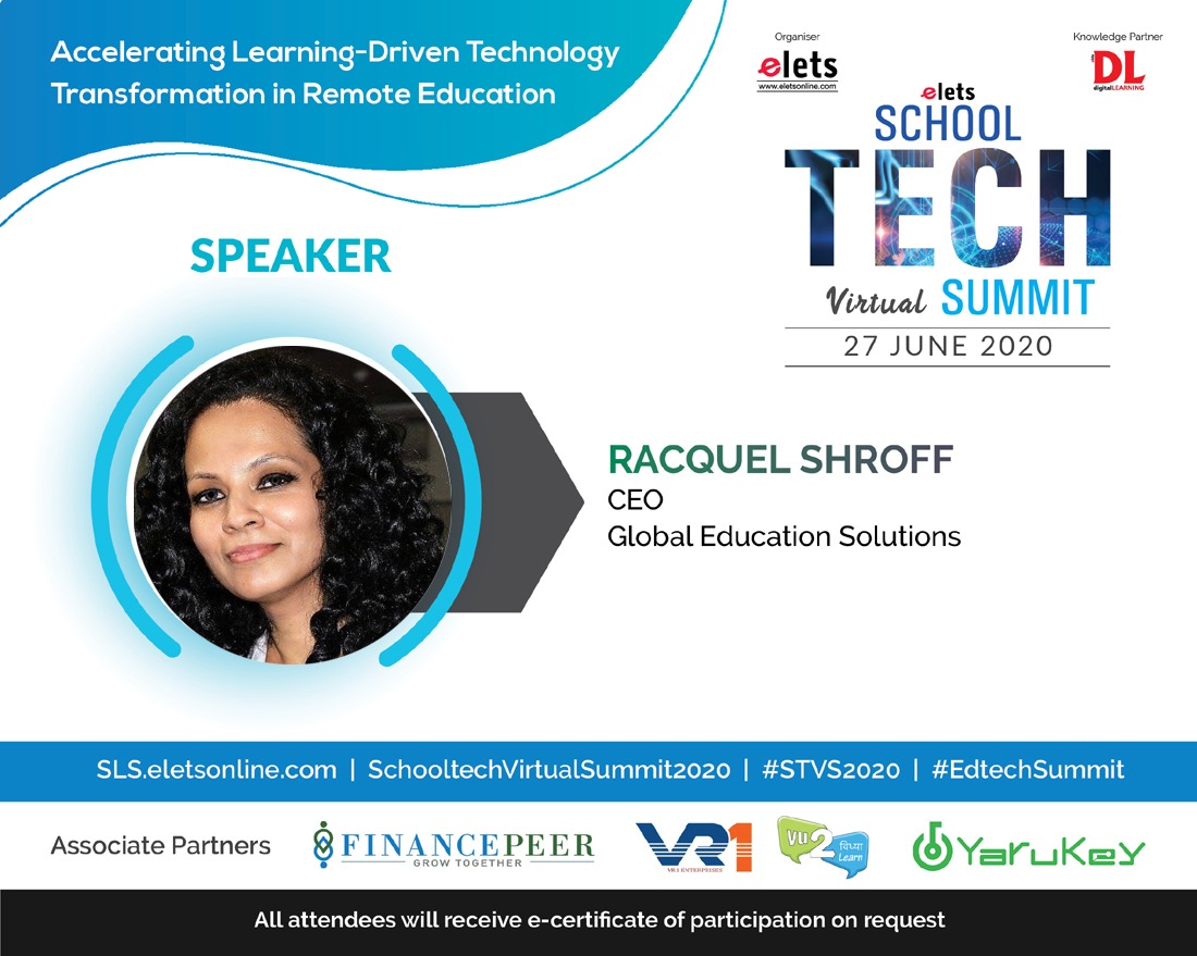 dl_magazine's tweet photo. .@eletsonline welcomes Racquel Shroff, CEO, Global Education Solutions as an Eminent Speaker at the School Tech Virtual Summit, which will be held on 27 June, 2020.
Register Now: https://t.co/AvR97wbTLN
#SchoolTechVirtualSummit2020 #STVS2020 #EdtechSummit #ReinventEducation https://t.co/HNCnGmg24y
