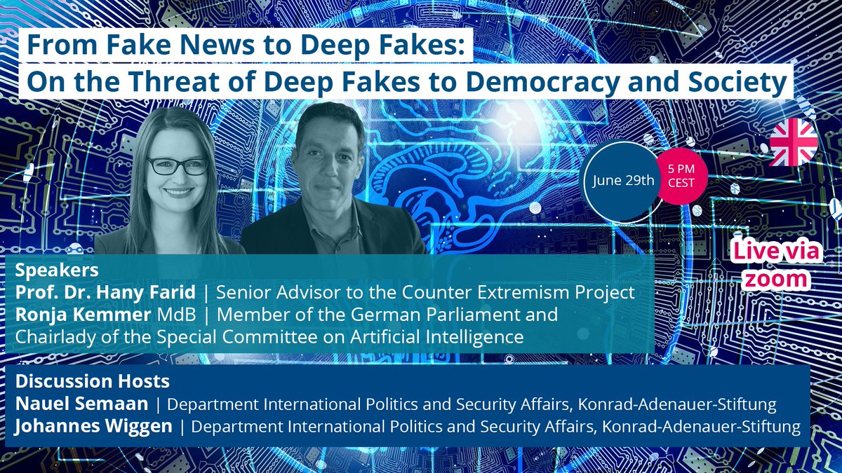 KASonline's tweet photo. Die Hürden für die Nutzung von #deepake-Technologie & deren Verbreitung sind stark gesunken. Mittlerweile kann von einer „Demokratisierung“ der Technologie gesprochen werden. Diskutiert mit Hany Farid & @RonjaKemmer über unsere neue Studie! #KAS4Security
https://t.co/wYPcaQA7fI https://t.co/HKsEbj0SkL