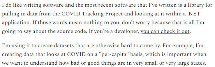 Subscribers have access to both my code and csv files with state-by-state calculated values, including per-capita values (which really make a lot of trends much more clear) /2