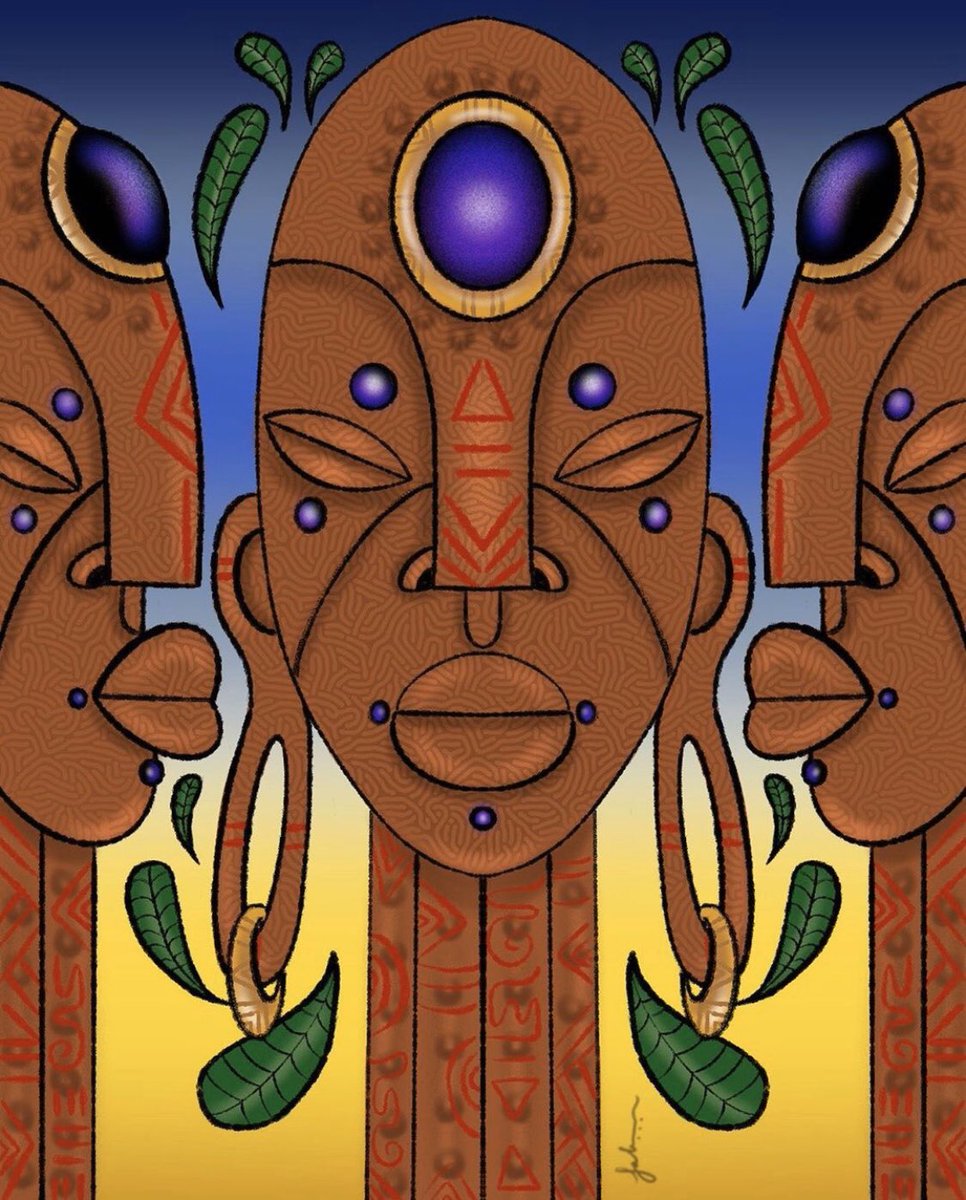 “Ancient Conversations” by #JauriceMoore #afrocosmic #afrofuturism #indiereeceart #digitalillustration #indiereeceart #theafrofuture #afrofuture #tribalmask #shamanandprotectors #tribalart