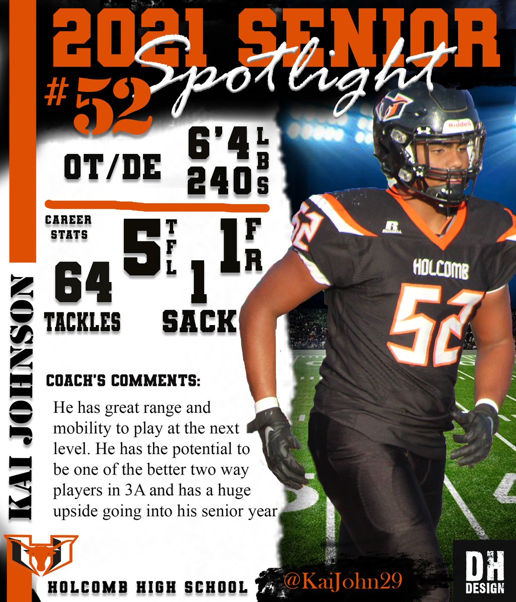 2021 SENIOR SPOTLIGHT - Kai Johnson
(DE/OT) Holcomb High School
<a href="/kaijohn29/">Kai Johnson</a>   <a href="/HolcombFootball/">HOLCOMB Football</a> 
<a href="/coachteeter31/">Coach Teeter</a>