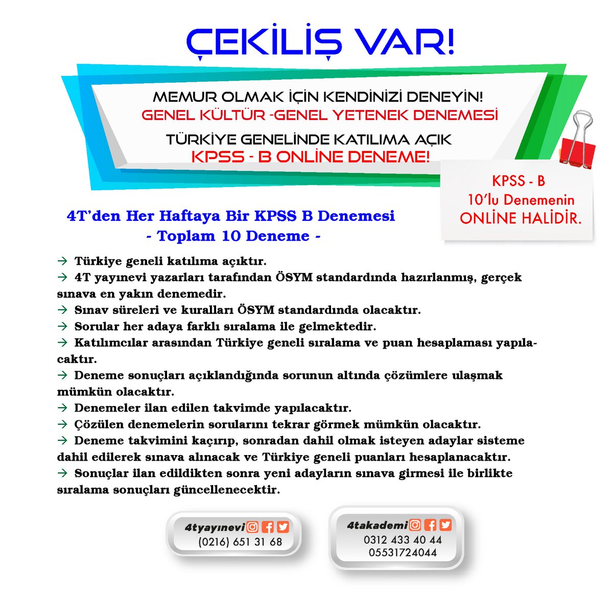 4Tyayinevi's tweet photo. ÇEKİLİŞ VAR!
ONLİNE DENEME OLMAK İSTEMEZ MİSİNİZ? 
4T'DEN GERÇEK SINAV FORMATINDA KPSS-B ONLİNE DENEME https://t.co/qpR43SuhRE ' da satışta! 
Çekilişle 1 kişiye HEDİYE🤩
Çekiliş Şartları;
*4T'yi takip etmek🚶
*RT yapmak📲 https://t.co/eRBYCu0vEi